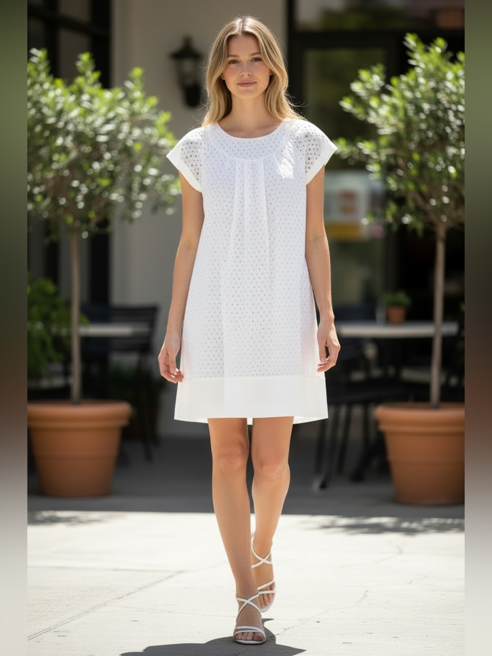 TIANA B White Eyelet Cap Sleeve Shift Dress Sz 6 Small Cottagecore Coastal